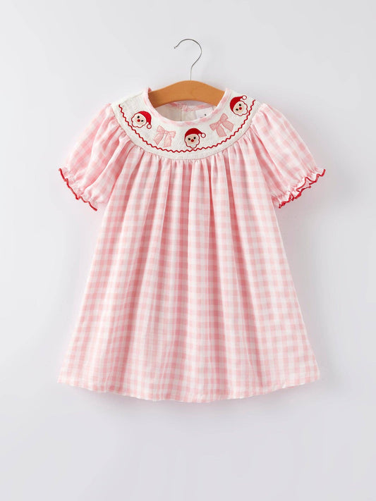 Christmas Santa Embroidered Plaid Girls Dress